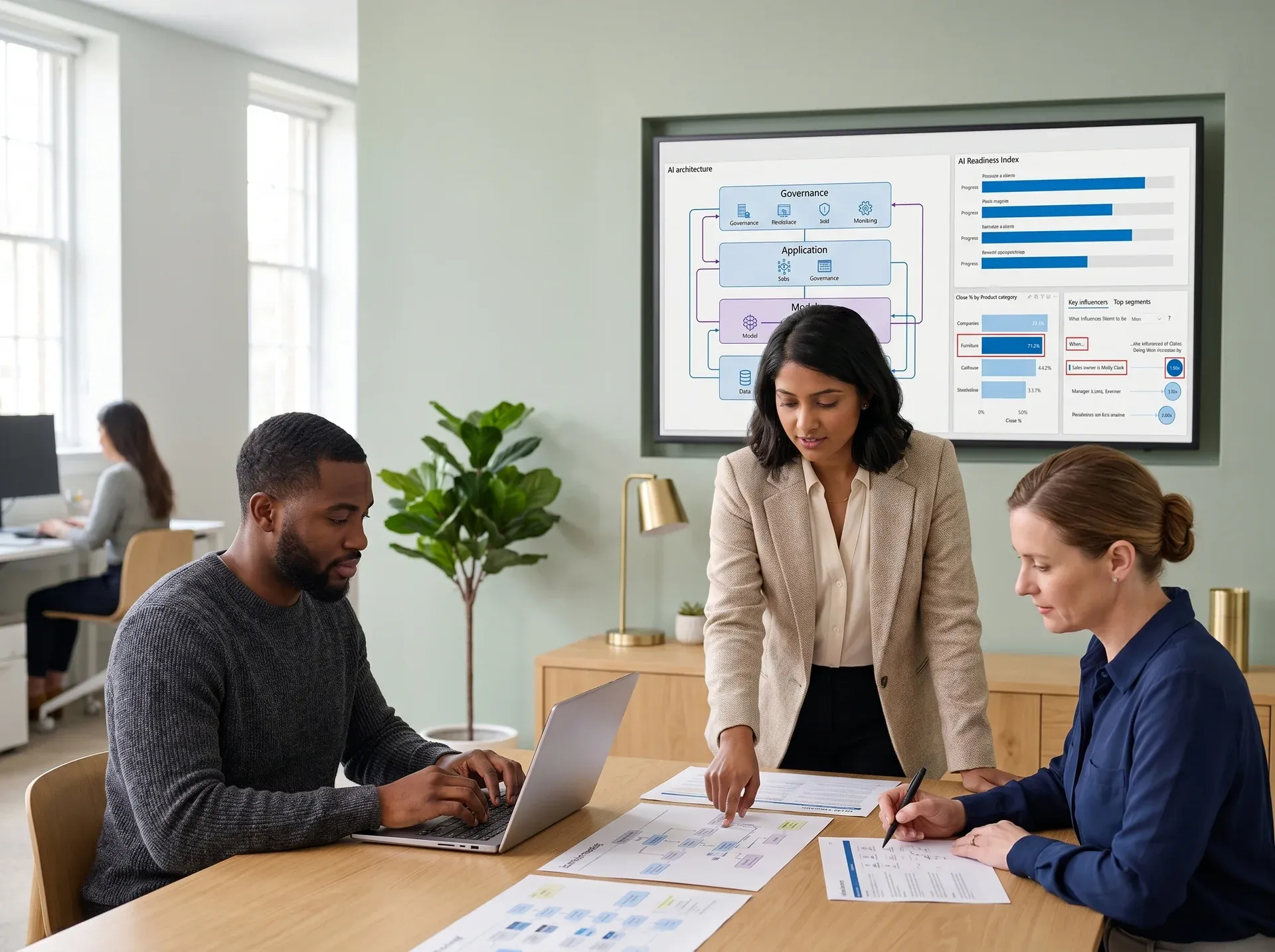 AI strategy team in working session with enterprise stakeholders, screens visible AI strategy team in working session with enterprise stakeholders, screens visible