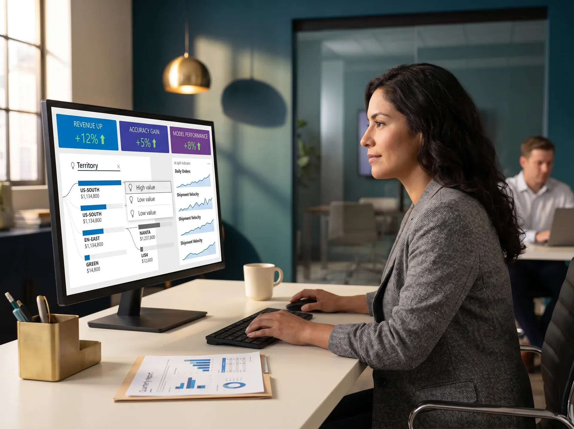 Enterprise operations lead reviewing unified AI analytics dashboard after transformation Enterprise operations lead reviewing unified AI analytics dashboard after transformation