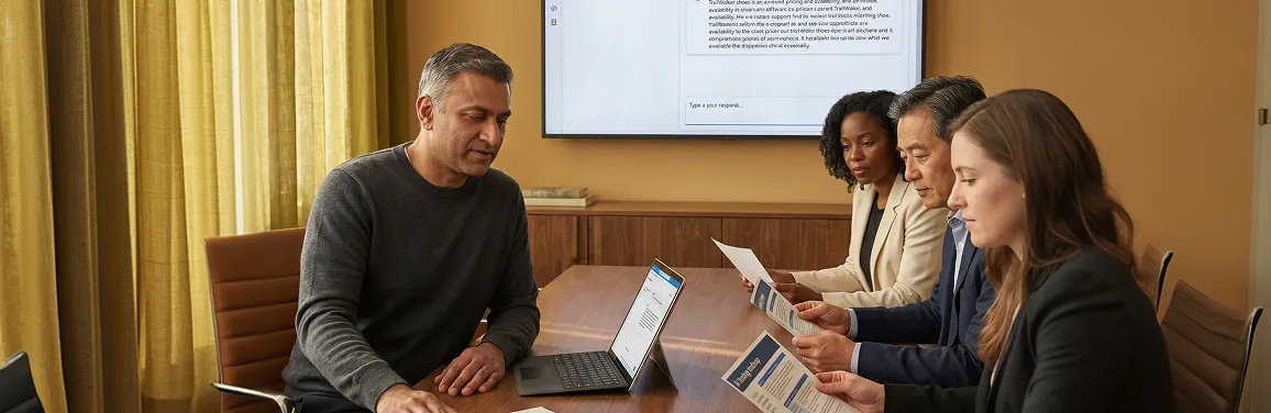 Senior AI consultant presenting a generative AI strategy roadmap to an executive team around a conference table in natural light Senior AI consultant presenting a generative AI strategy roadmap to an executive team around a conference table in natural light