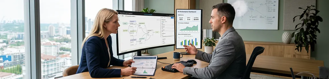 Calm ops analyst at unified Azure AI Foundry Prompt Flow workstation reviewing the deployed RAG pipeline with healthy green completion status, natural morning light Calm ops analyst at unified Azure AI Foundry Prompt Flow workstation reviewing the deployed RAG pipeline with healthy green completion status, natural morning light