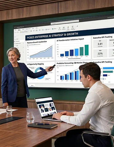 Enterprise leadership team reviewing AI and analytics transformation results on dashboard screens