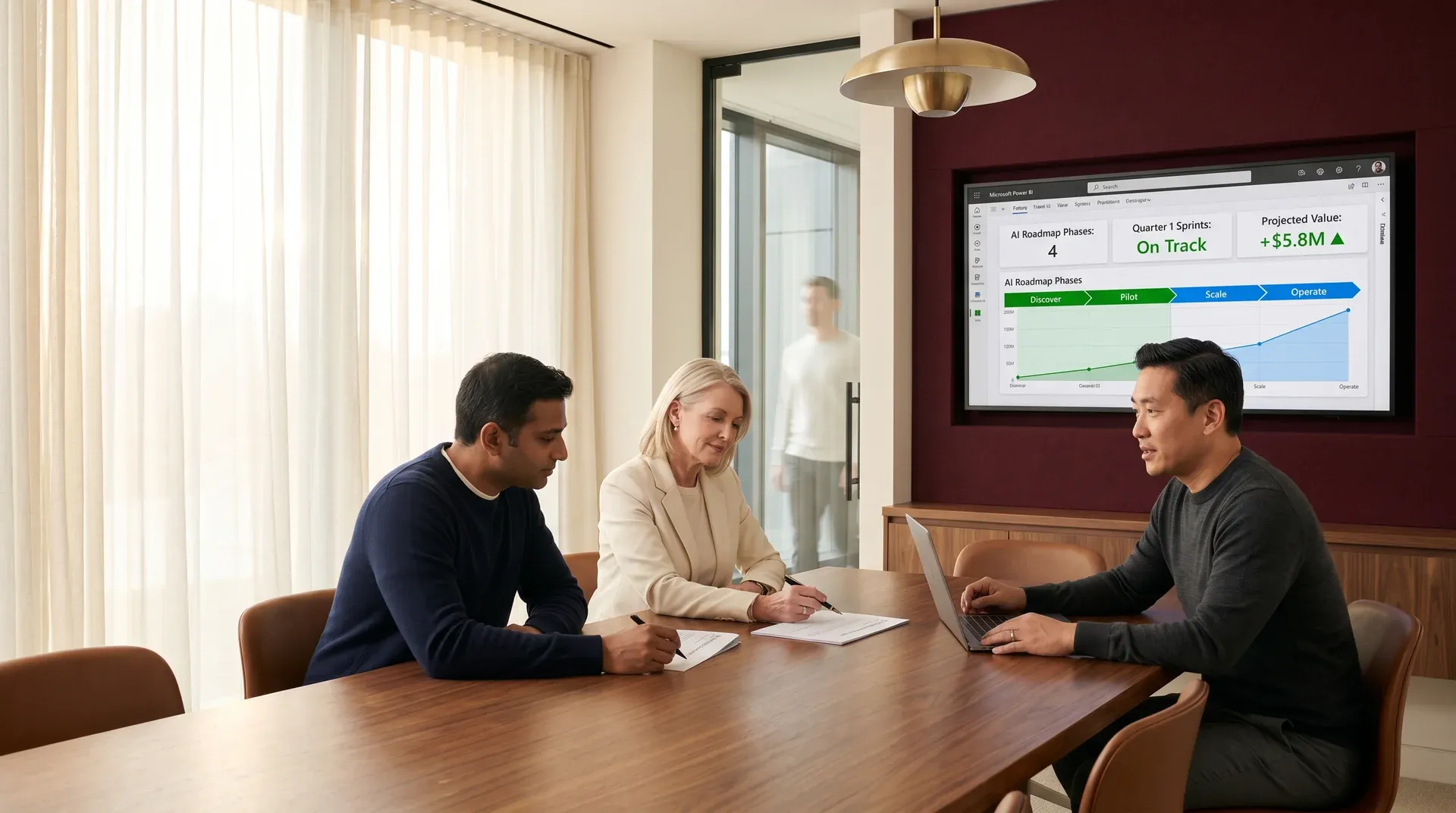 Senior consultant working with a client leadership team in a modern conference room