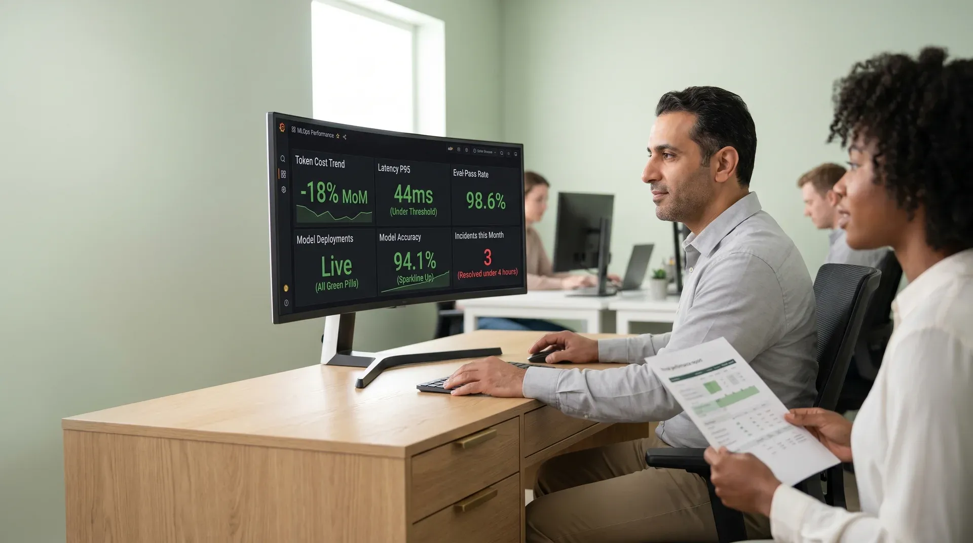 Enterprise technology leader at unified MLOps dashboard showing healthy green metrics, calm confident operations Enterprise technology leader at unified MLOps dashboard showing healthy green metrics, calm confident operations