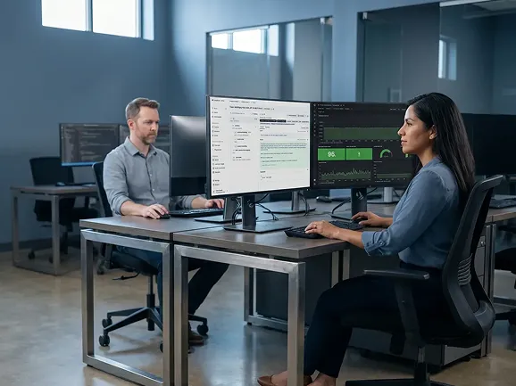 AI reliability engineer monitoring LangSmith/Langfuse trace UI and Grafana AI workloads dashboard with healthy green metrics AI reliability engineer monitoring LangSmith/Langfuse trace UI and Grafana AI workloads dashboard with healthy green metrics