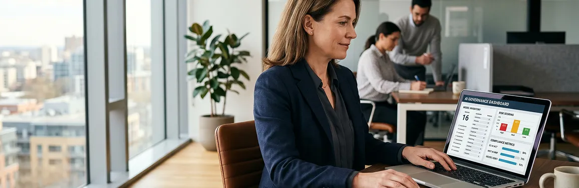 Enterprise CTO reviewing AI governance policy documents at desk with natural side light and focused expression Enterprise CTO reviewing AI governance policy documents at desk with natural side light and focused expression