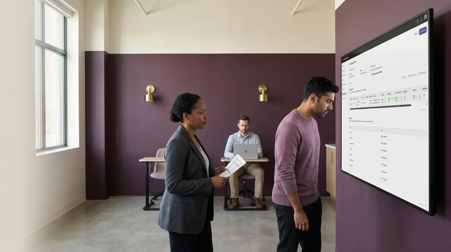 Enterprise analytics team reviewing Microsoft Foundry evaluation runs dashboard with healthy all-green completed status pills Enterprise analytics team reviewing Microsoft Foundry evaluation runs dashboard with healthy all-green completed status pills