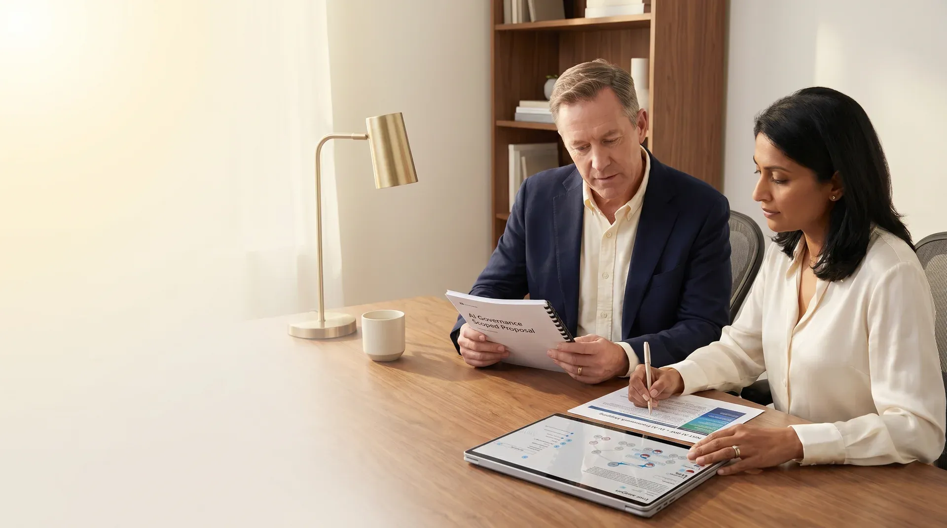 White CIO and South Asian chief legal counsel calmly reviewing printed AI governance scoped proposal and NIST AI RMF and EU AI Act framework mapping at clean walnut desk with morning window light White CIO and South Asian chief legal counsel calmly reviewing printed AI governance scoped proposal and NIST AI RMF and EU AI Act framework mapping at clean walnut desk with morning window light