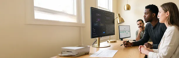 Technical team reviewing AI solution architecture at shared monitor with natural side lighting