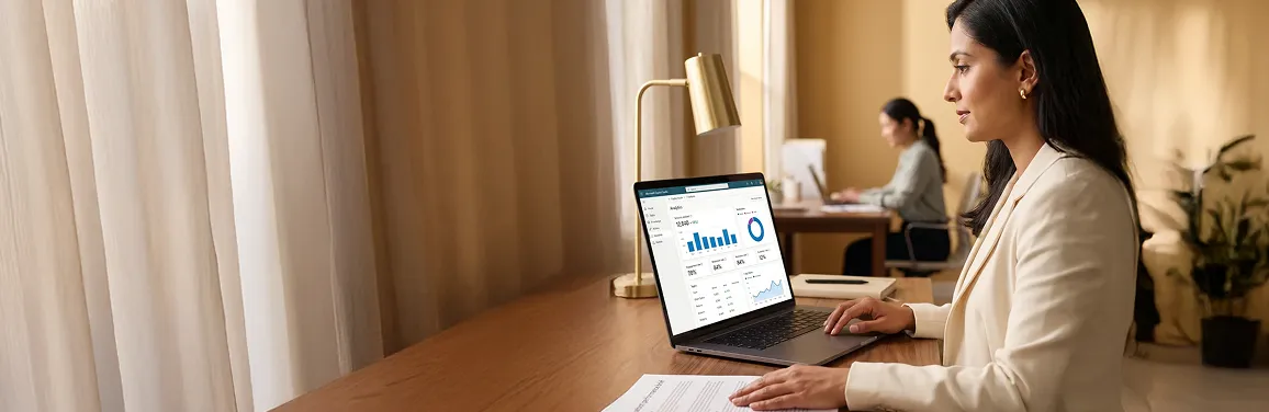 Enterprise technology leader reviewing AI chatbot analytics dashboard in a modern office Enterprise technology leader reviewing AI chatbot analytics dashboard in a modern office
