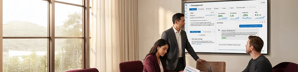 Operations team reviewing chatbot performance metrics on a large display Operations team reviewing chatbot performance metrics on a large display