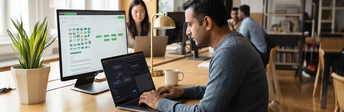 Enterprise Chief Technology Officer reviewing an agentic AI architecture diagram at a modern workstation Enterprise Chief Technology Officer reviewing an agentic AI architecture diagram at a modern workstation