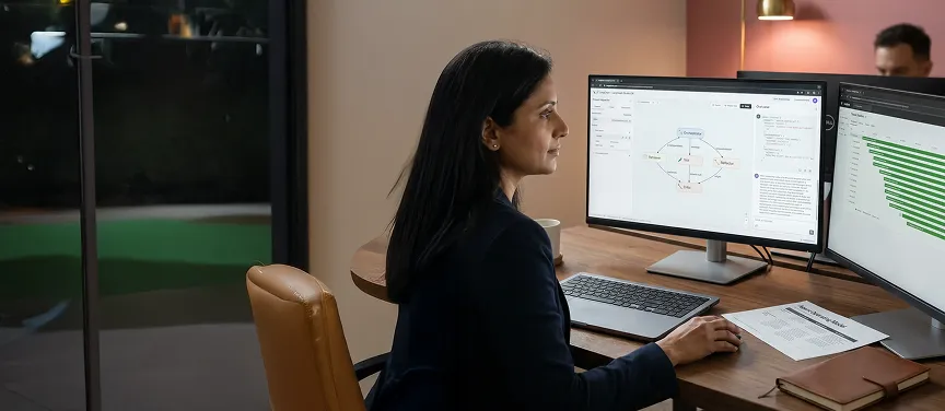 CTO reviewing live agentic AI pipeline on enterprise multi-monitor dashboard CTO reviewing live agentic AI pipeline on enterprise multi-monitor dashboard