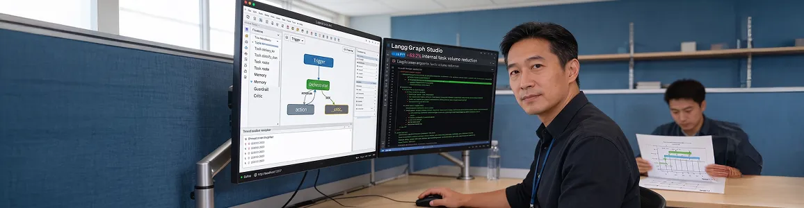 AI engineer reviewing agentic orchestration architecture on large monitor AI engineer reviewing agentic orchestration architecture on large monitor