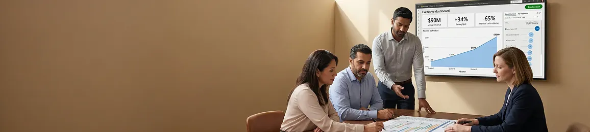 Enterprise team reviewing AI agent deployment outcomes and growth metrics Enterprise team reviewing AI agent deployment outcomes and growth metrics