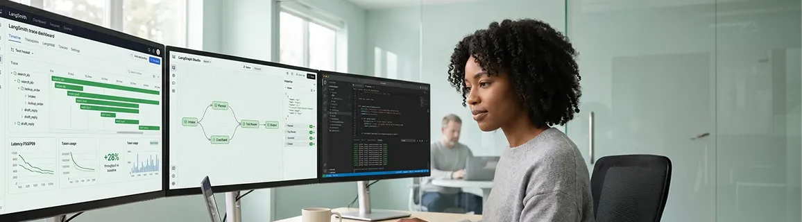 Developer managing unified AI agent toolchain across multiple screens after Redefine build Developer managing unified AI agent toolchain across multiple screens after Redefine build