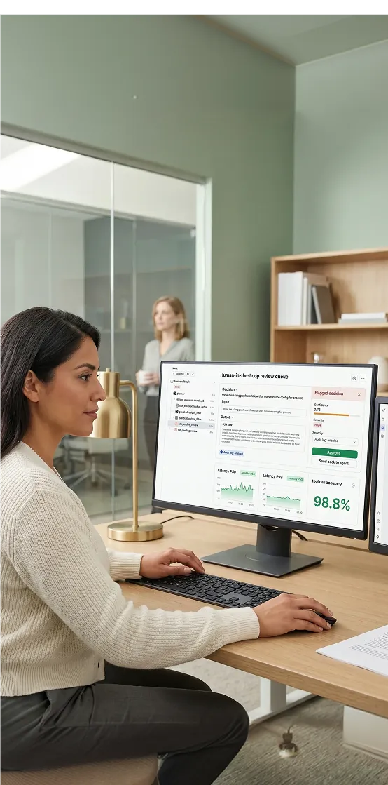 Operations analyst reviewing and approving a flagged AI agent decision in dashboard Operations analyst reviewing and approving a flagged AI agent decision in dashboard
