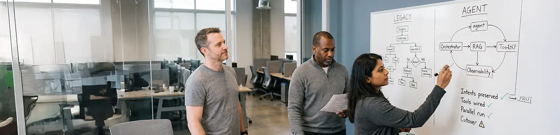 Enterprise migration engineering team planning AI agent architecture in a whiteboard working session Enterprise migration engineering team planning AI agent architecture in a whiteboard working session