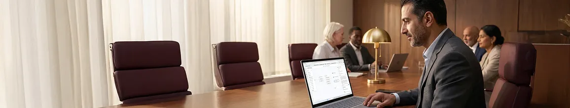 Executive reviewing AI agent performance outcomes at organized workstation, calm morning light Executive reviewing AI agent performance outcomes at organized workstation, calm morning light