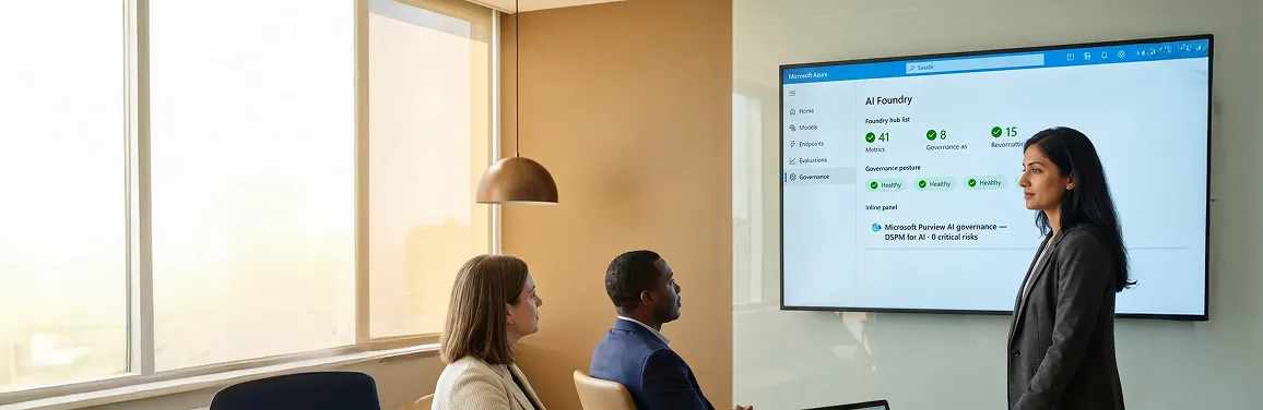 Enterprise AI implementation team reviewing roadmap on screen, natural boardroom light Enterprise AI implementation team reviewing roadmap on screen, natural boardroom light