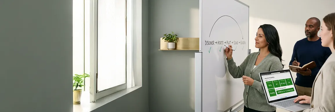 AI delivery framework on whiteboard with healthy governance metrics β Discover, Assess, Pilot, Scale, Govern phases all green AI delivery framework on whiteboard with healthy governance metrics β Discover, Assess, Pilot, Scale, Govern phases all green