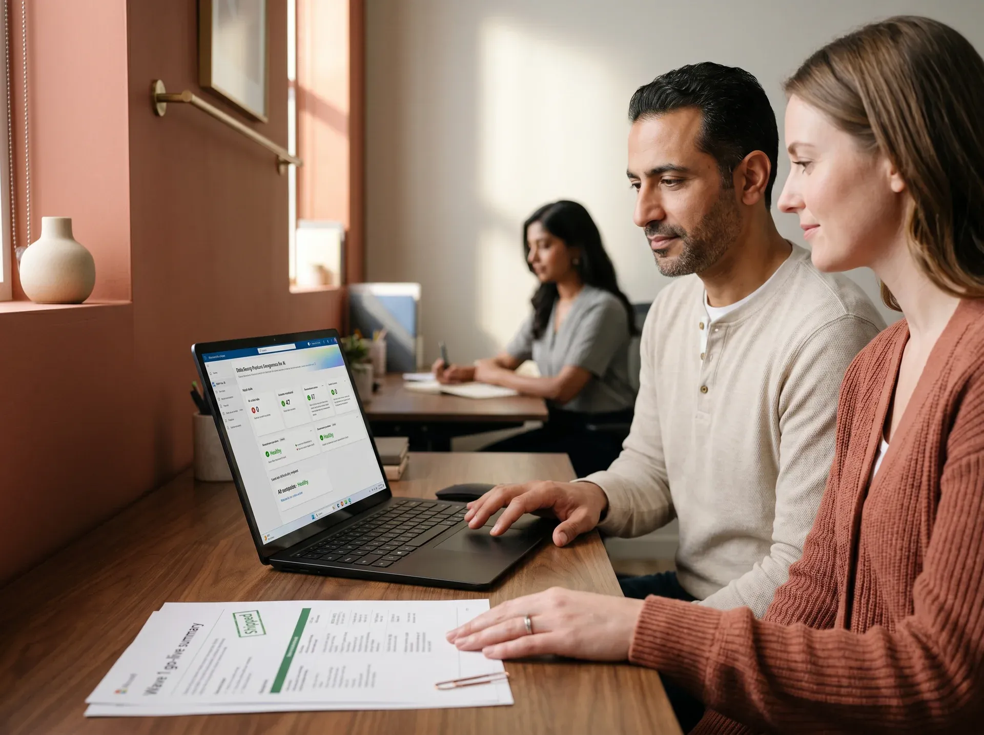 Engineering lead and business analyst reviewing go-live metrics together on Microsoft Purview AI governance dashboard, morning light Engineering lead and business analyst reviewing go-live metrics together on Microsoft Purview AI governance dashboard, morning light