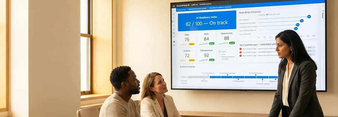 CTO and leadership team reviewing an AI readiness dashboard in a modern enterprise office CTO and leadership team reviewing an AI readiness dashboard in a modern enterprise office