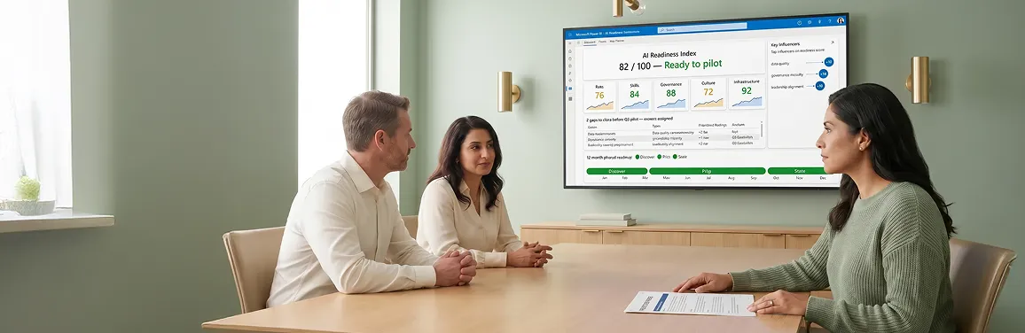 Enterprise leadership team reviewing an AI readiness scorecard with prioritized findings and a clear path forward Enterprise leadership team reviewing an AI readiness scorecard with prioritized findings and a clear path forward
