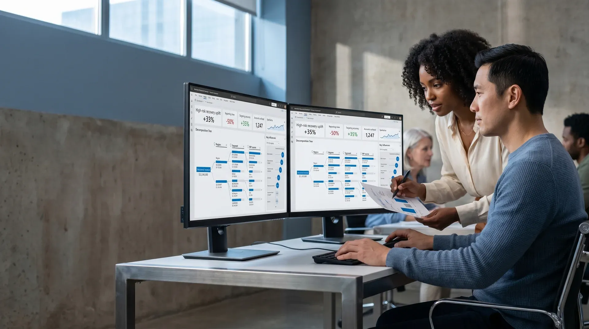 Operations team reviewing a centralized data analytics dashboard after a technology transformation project Operations team reviewing a centralized data analytics dashboard after a technology transformation project