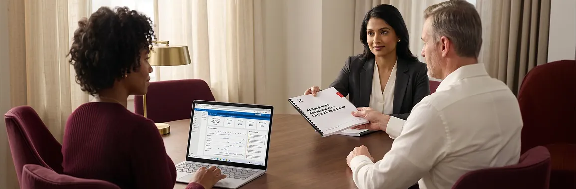 Consultant presenting an AI readiness roadmap document to an enterprise executive in a meeting room Consultant presenting an AI readiness roadmap document to an enterprise executive in a meeting room