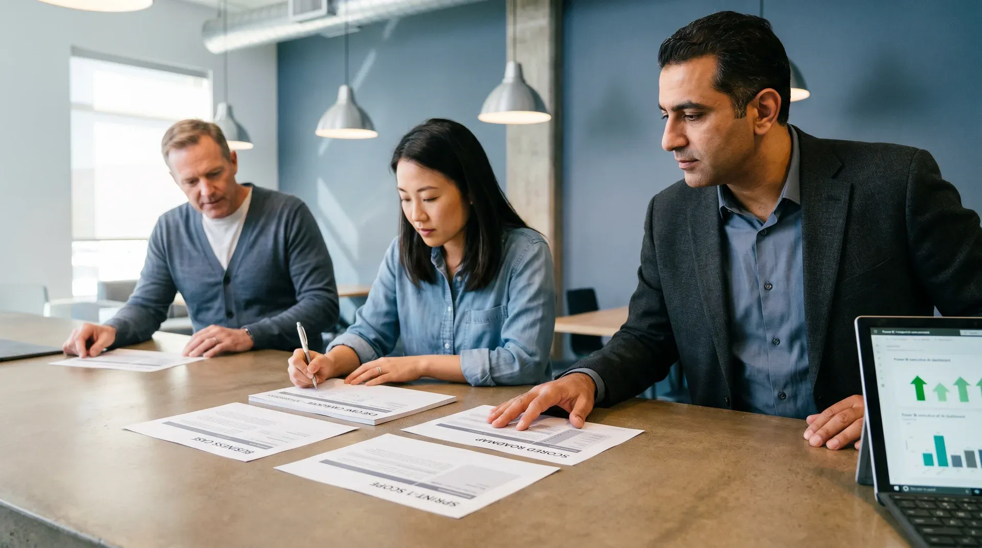 Enterprise transformation team reviewing AI roadmap documentation in focused collaborative session Enterprise transformation team reviewing AI roadmap documentation in focused collaborative session