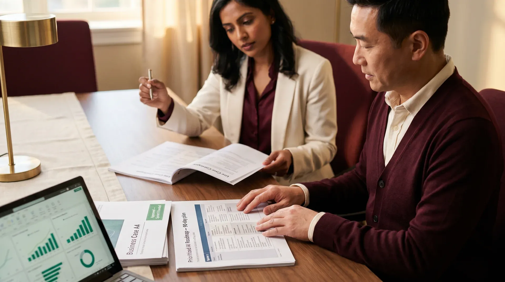 Two enterprise business leaders reviewing AI discovery roadmap output together in a collaborative morning workspace setting Two enterprise business leaders reviewing AI discovery roadmap output together in a collaborative morning workspace setting