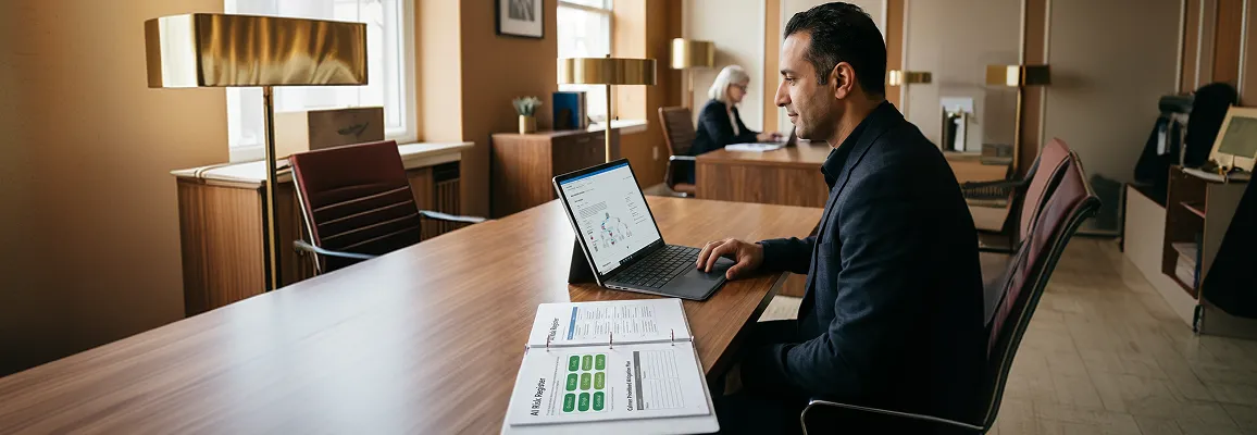 CTO reviewing AI governance and risk dashboard in enterprise operations environment, natural light CTO reviewing AI governance and risk dashboard in enterprise operations environment, natural light