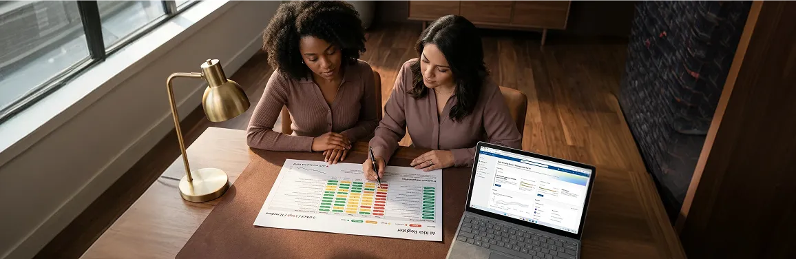 Security analyst and risk officer reviewing AI risk register with 0 critical / 3 high / 12 medium scored matrix and Microsoft Purview DSPM for AI dashboard, calm focused after-state Security analyst and risk officer reviewing AI risk register with 0 critical / 3 high / 12 medium scored matrix and Microsoft Purview DSPM for AI dashboard, calm focused after-state