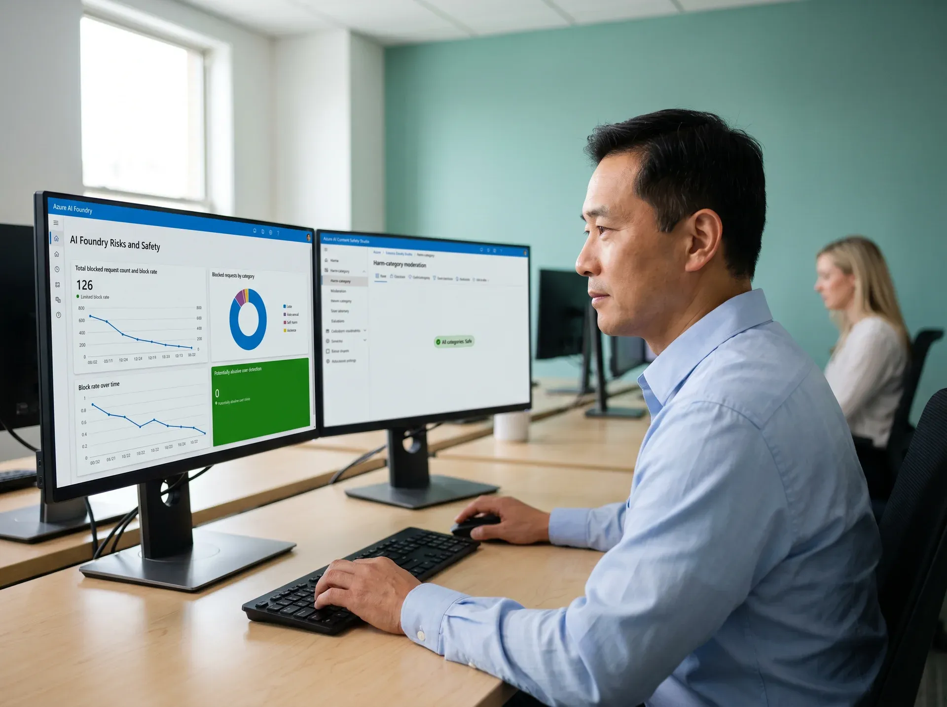 Compliance officer reviewing AI regulatory status dashboard across multiple monitors with Azure AI Foundry Risks and Safety monitoring and Content Safety Studio Compliance officer reviewing AI regulatory status dashboard across multiple monitors with Azure AI Foundry Risks and Safety monitoring and Content Safety Studio