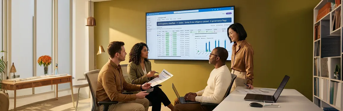 FinTech governance team reviewing Azure AI Foundry evaluation runs dashboard with all-green completed status pills and 34 AI systems classified KPI, open-plan office FinTech governance team reviewing Azure AI Foundry evaluation runs dashboard with all-green completed status pills and 34 AI systems classified KPI, open-plan office