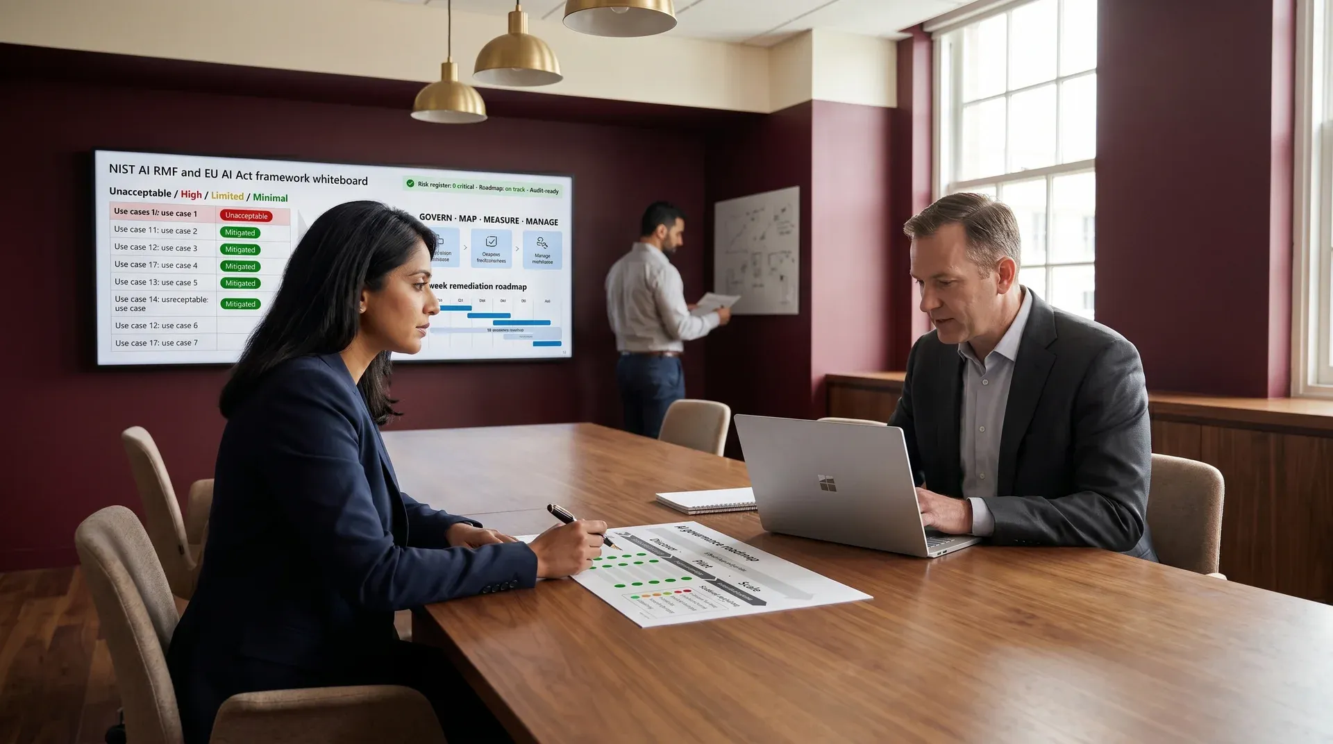 Chief legal counsel and enterprise CIO reviewing AI governance roadmap with NIST AI RMF and EU AI Act framework wall display, deep burgundy strategy room Chief legal counsel and enterprise CIO reviewing AI governance roadmap with NIST AI RMF and EU AI Act framework wall display, deep burgundy strategy room