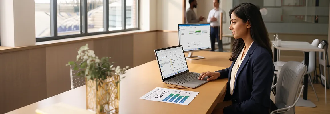 Data analyst reviewing AI data pipeline documentation at a desk in natural office light Data analyst reviewing AI data pipeline documentation at a desk in natural office light