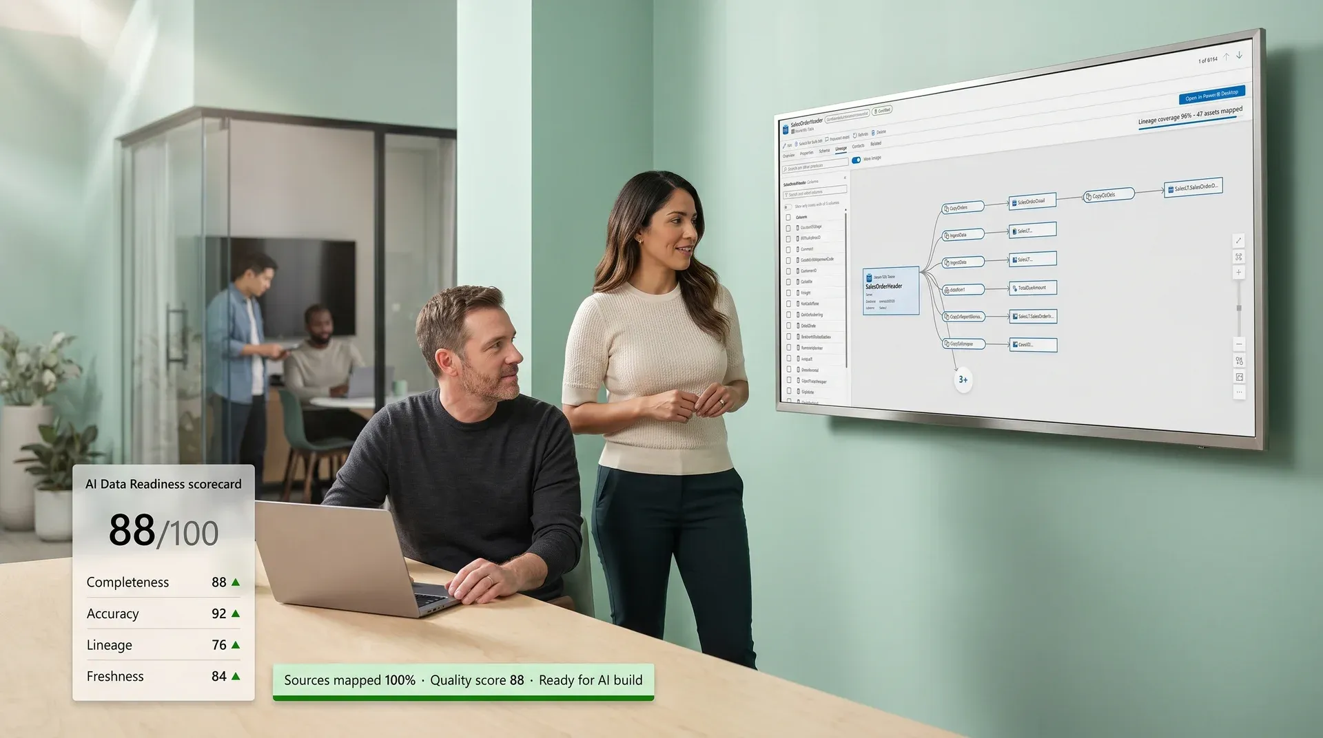 Data platform lead and senior architect reviewing a unified Microsoft Purview data lineage graph with full source mapping and a healthy AI data readiness scorecard Data platform lead and senior architect reviewing a unified Microsoft Purview data lineage graph with full source mapping and a healthy AI data readiness scorecard