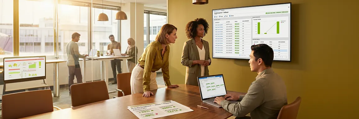 Enterprise analytics team presenting an Azure AI Search indexed vector corpus and AI Data Readiness Wave 1 KPIs to leadership in a glass meeting room Enterprise analytics team presenting an Azure AI Search indexed vector corpus and AI Data Readiness Wave 1 KPIs to leadership in a glass meeting room