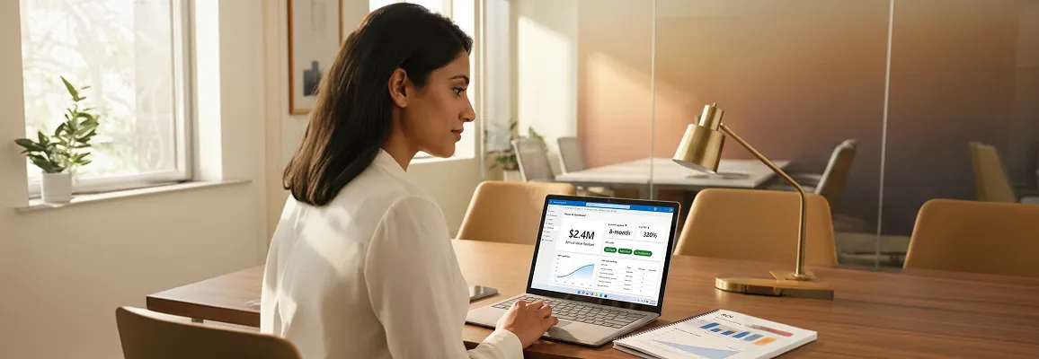 Enterprise data analyst reviewing AI ROI assessment dashboard metrics in natural window light, focused and engaged Enterprise data analyst reviewing AI ROI assessment dashboard metrics in natural window light, focused and engaged