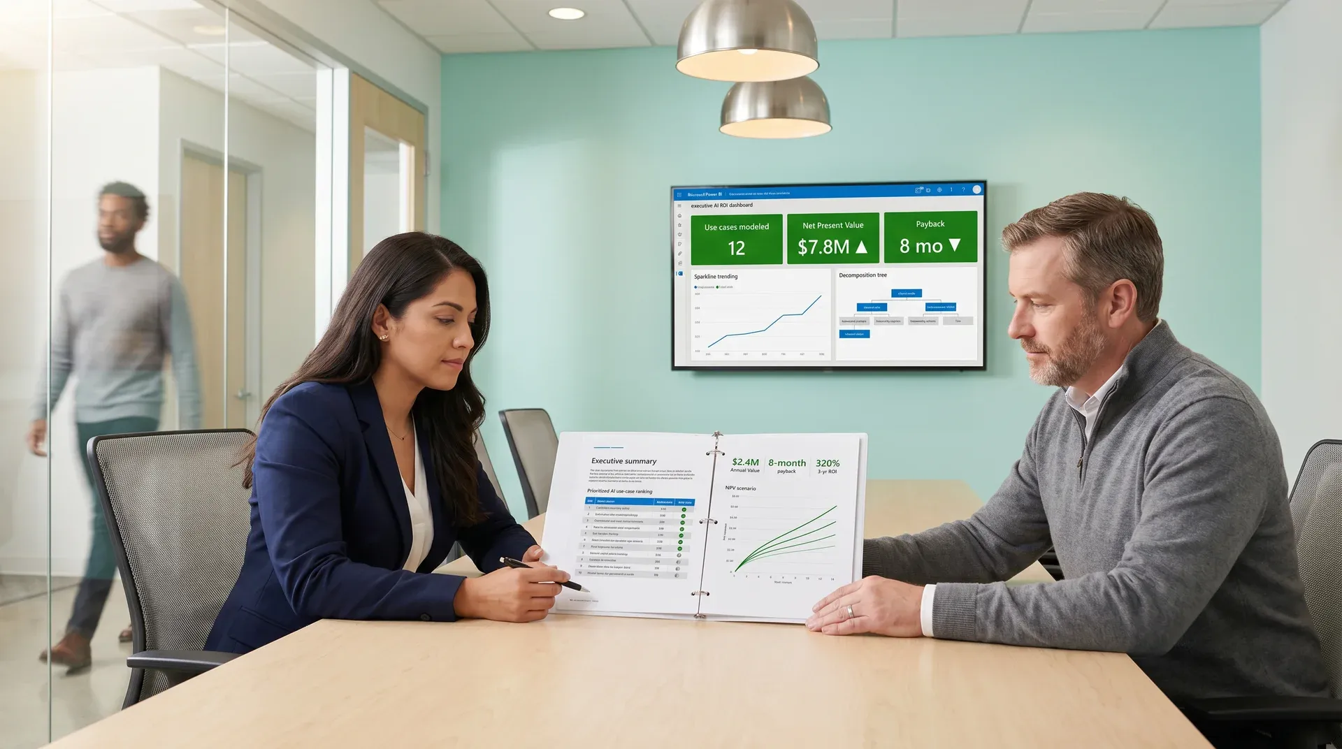 Enterprise operations team reviewing the prioritized AI ROI business case at a conference table, calm AFTER state with healthy green KPIs on the wall display Enterprise operations team reviewing the prioritized AI ROI business case at a conference table, calm AFTER state with healthy green KPIs on the wall display