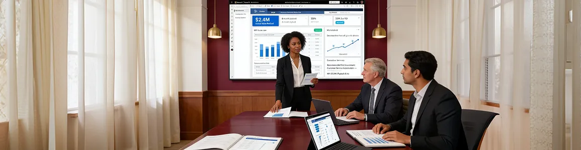 Operations analyst presenting structured AI ROI assessment findings to enterprise leadership team in boardroom, Power BI executive business case dashboard visible on the wall display Operations analyst presenting structured AI ROI assessment findings to enterprise leadership team in boardroom, Power BI executive business case dashboard visible on the wall display