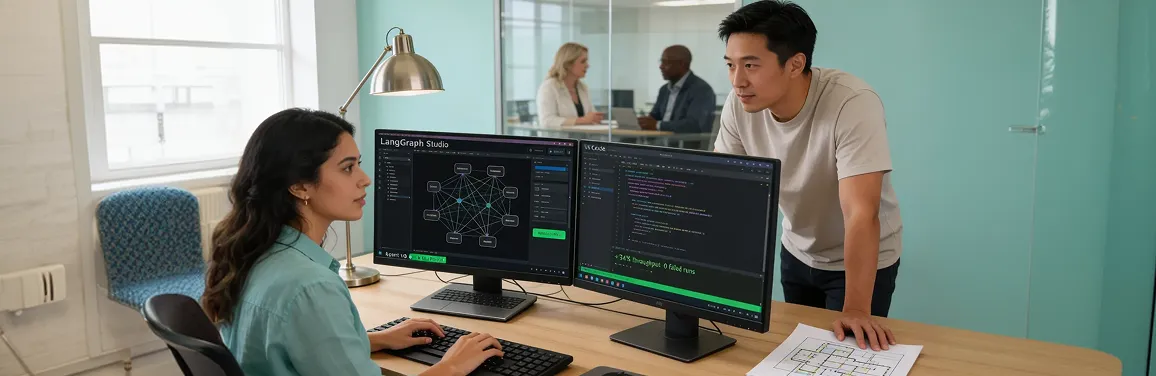 Two AI developers pair-programming an AI agent at a dual-monitor workstation, calm AFTER state, cool mint office Two AI developers pair-programming an AI agent at a dual-monitor workstation, calm AFTER state, cool mint office
