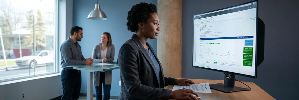 Solo Black woman data scientist at Jupyter notebook training an ML model, slate-blue concrete studio, screen glow as key light Solo Black woman data scientist at Jupyter notebook training an ML model, slate-blue concrete studio, screen glow as key light