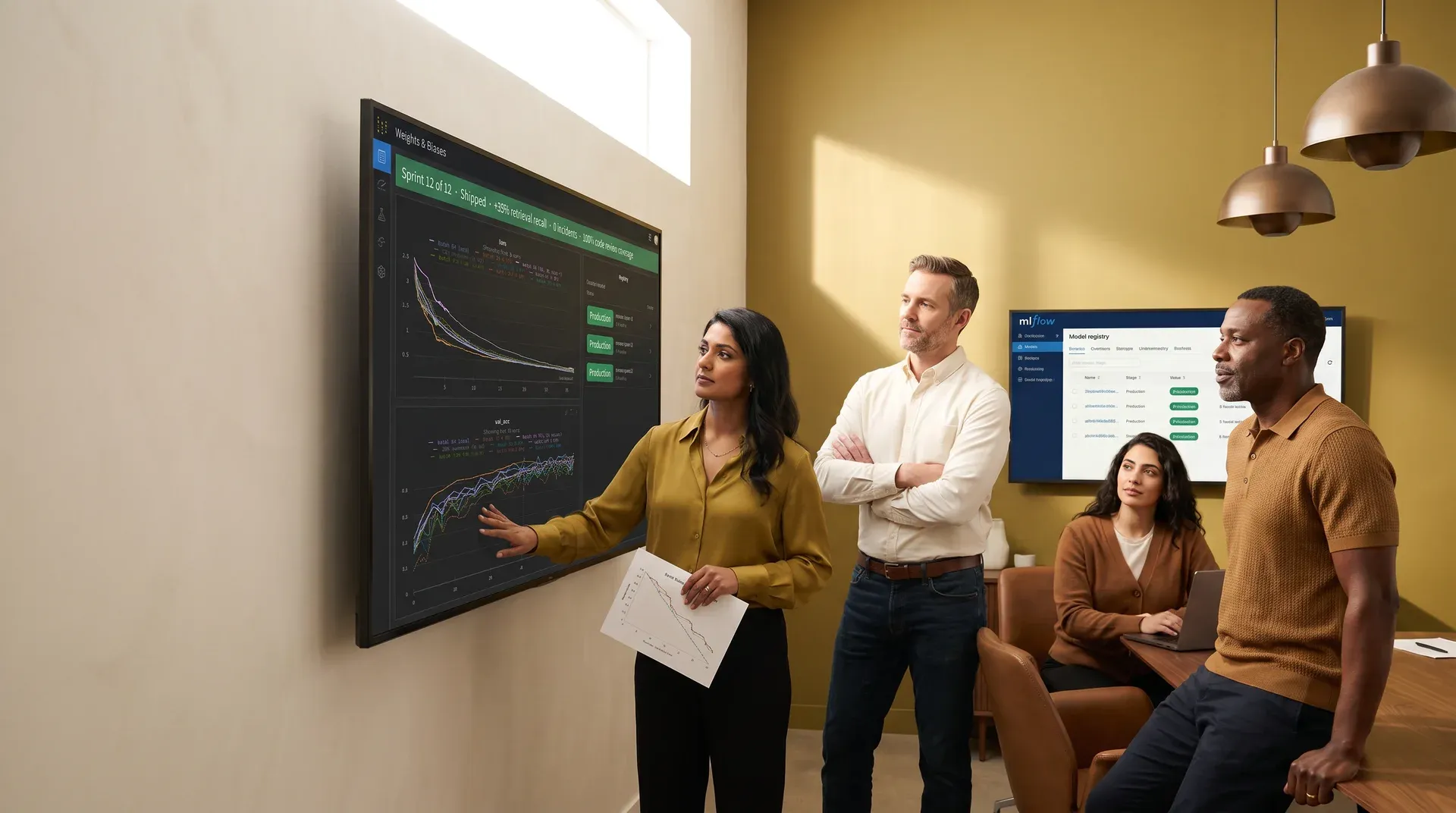 AI delivery team standup at wall display showing W&B training curves and shipped sprint KPIs, golden-olive strategy room AI delivery team standup at wall display showing W&B training curves and shipped sprint KPIs, golden-olive strategy room