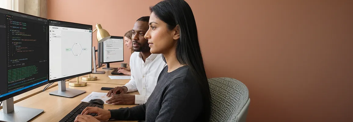 Dedicated AI development team reviewing ML pipeline architecture at dual-monitor workstations Dedicated AI development team reviewing ML pipeline architecture at dual-monitor workstations