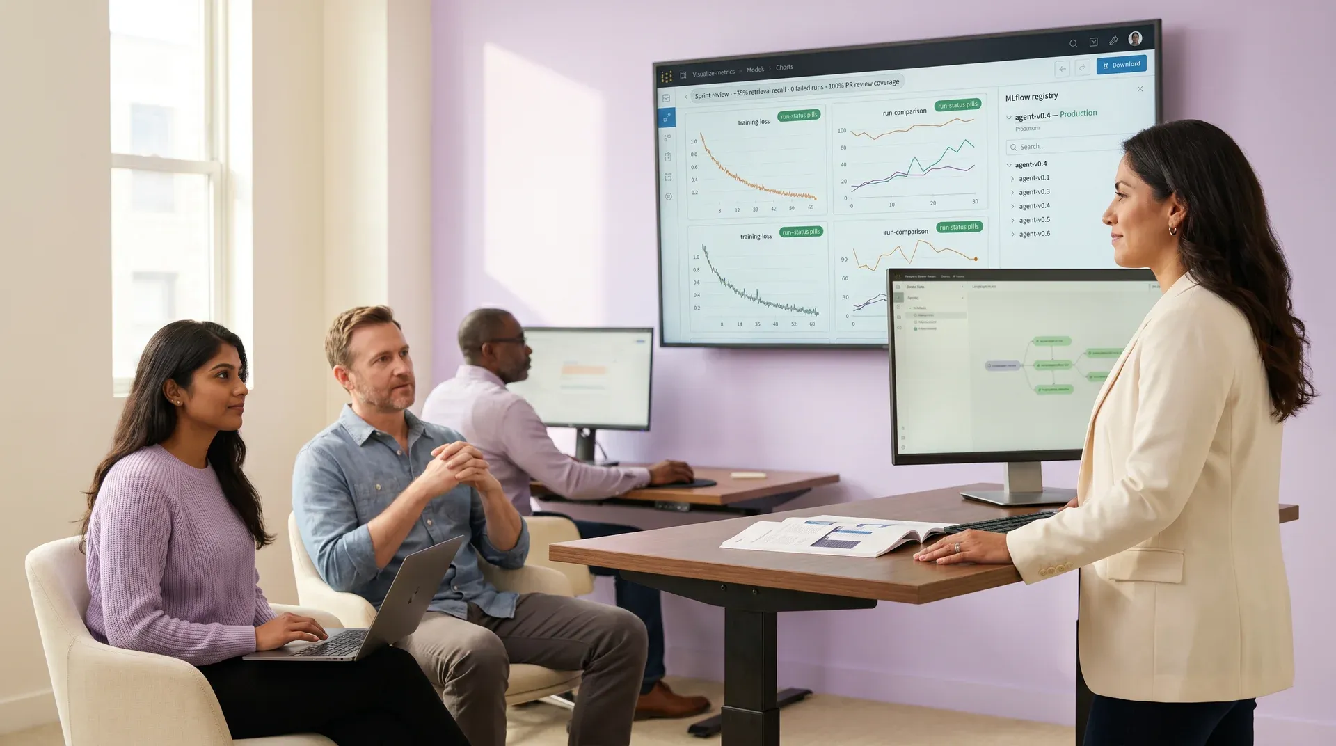 Senior AI engineer presenting sprint results to team, confident posture, morning natural light Senior AI engineer presenting sprint results to team, confident posture, morning natural light