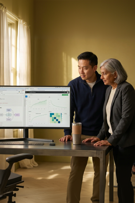 Senior AI consultant walking a chief technology officer through a pilot to production roadmap on a wide monitor in an enterprise conference room Senior AI consultant walking a chief technology officer through a pilot to production roadmap on a wide monitor in an enterprise conference room