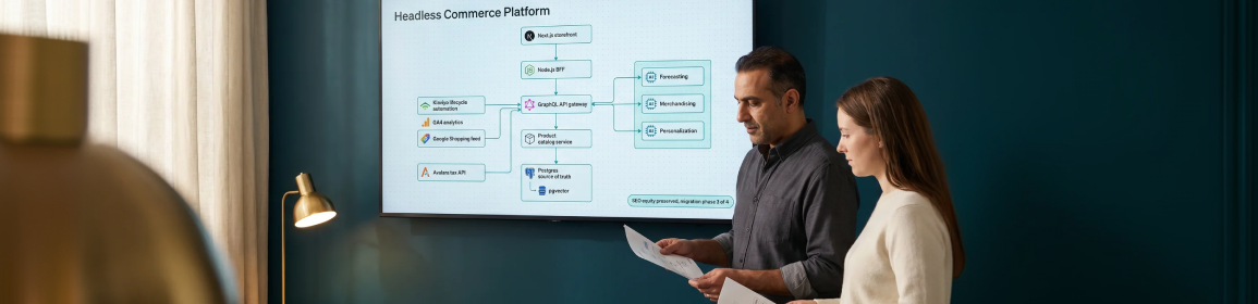 Headless commerce platform architecture diagram annotated by client architects and Redefine engineers Headless commerce platform architecture diagram annotated by client architects and Redefine engineers