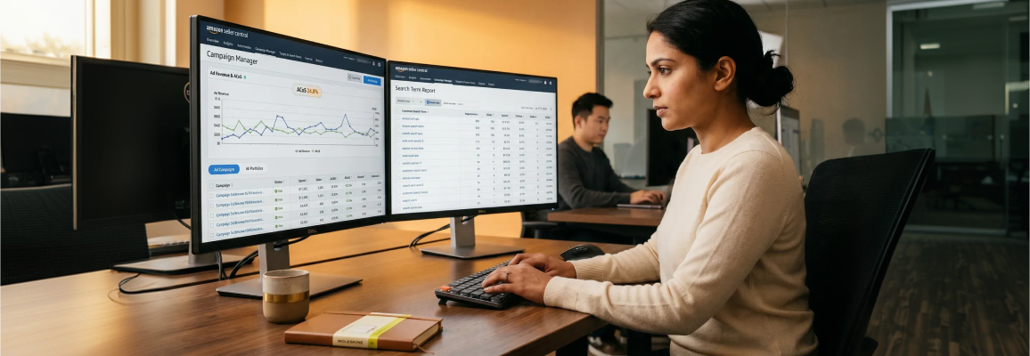 Amazon pay-per-click analyst reviewing campaign performance data on dual monitors in natural desk light, focused side profile Amazon pay-per-click analyst reviewing campaign performance data on dual monitors in natural desk light, focused side profile